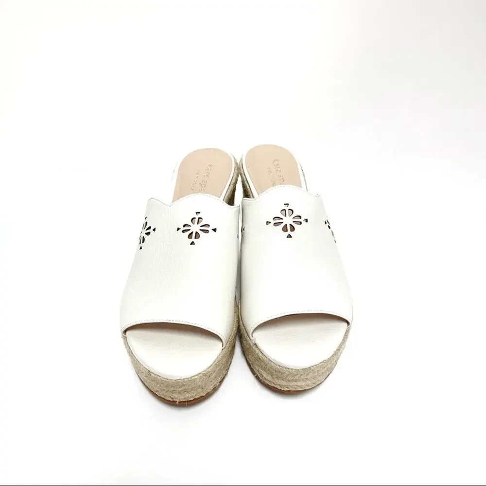 Kate Spade Tia Espadrille Wedge Sandals Size 6 Leather Slides Laser Cutout